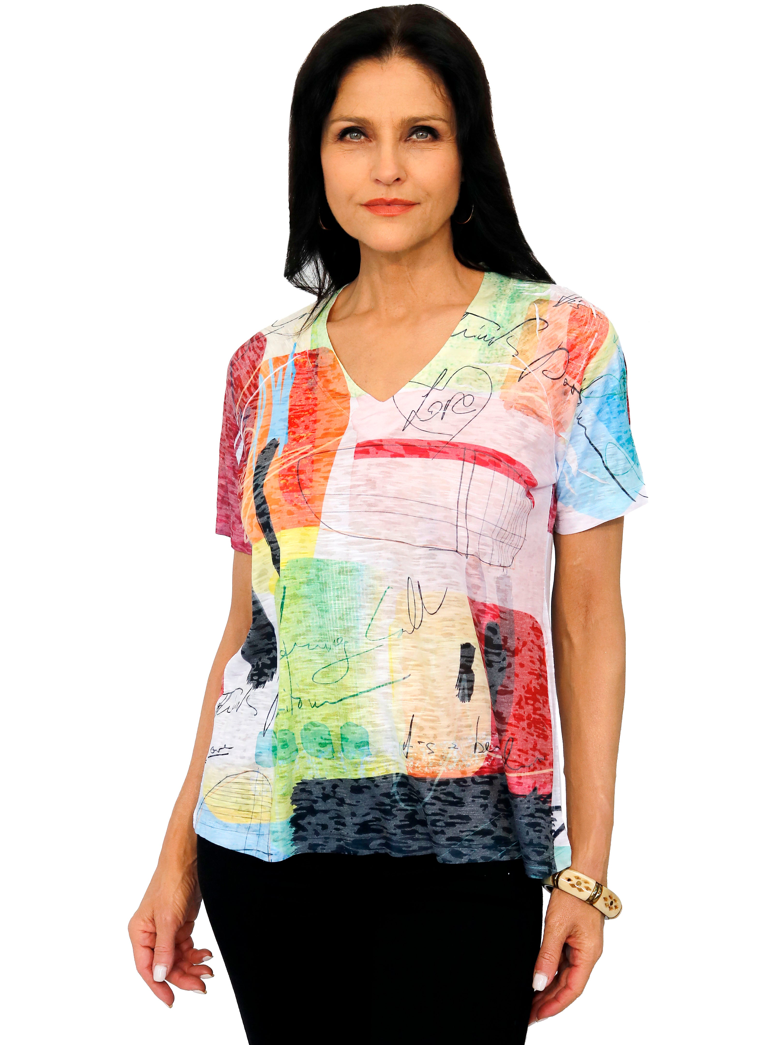 Impulse California Women's Top features short sleeves and a V-neck. Imprinted with a bright and colorful design with the word "love". Made out of a soft and lightweight fabric. Made in the USA.
