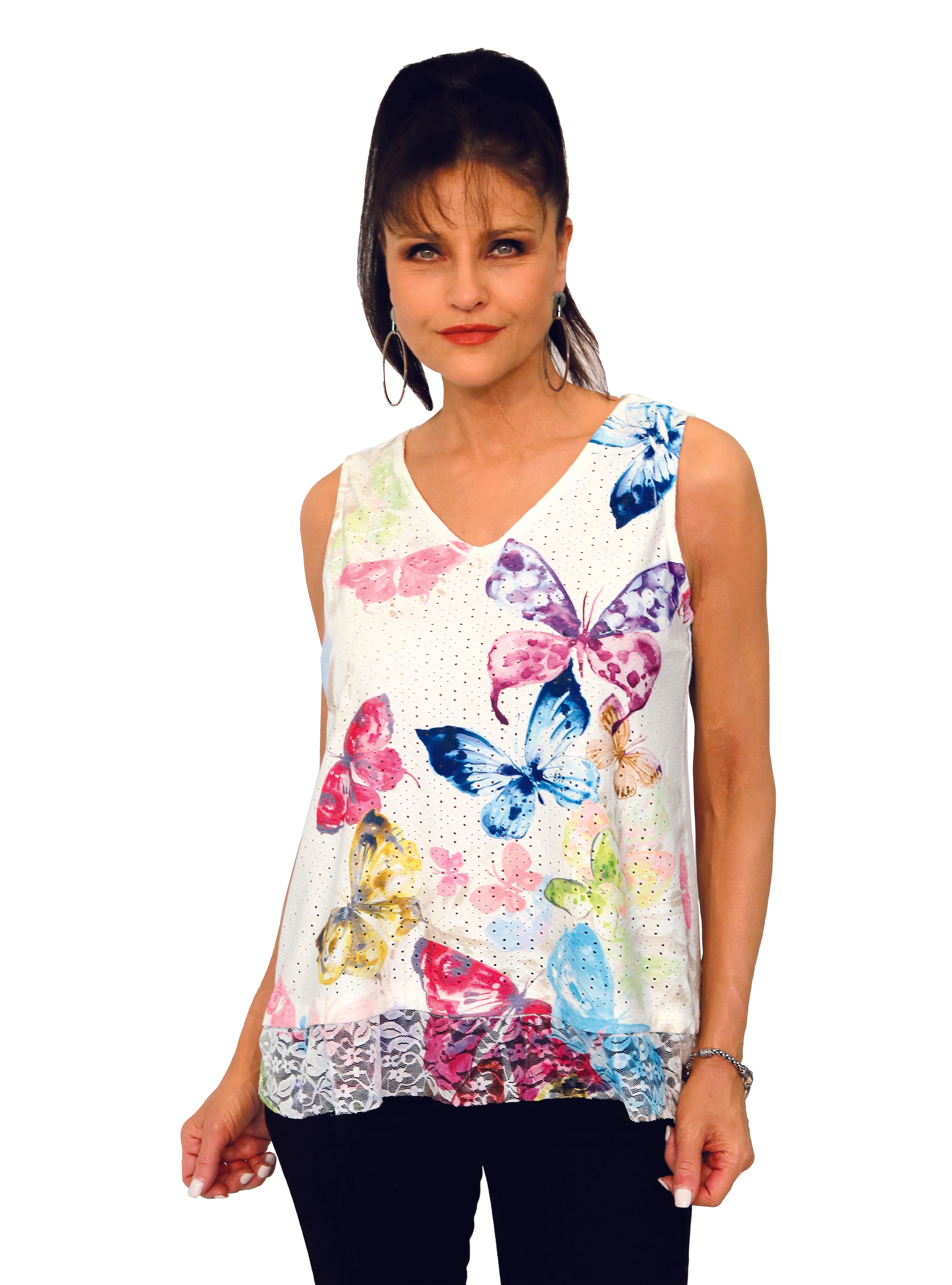Impulse California Women's Eyelet Tank top features a lace hemline and colorful butterfly design. Made in the USA.
