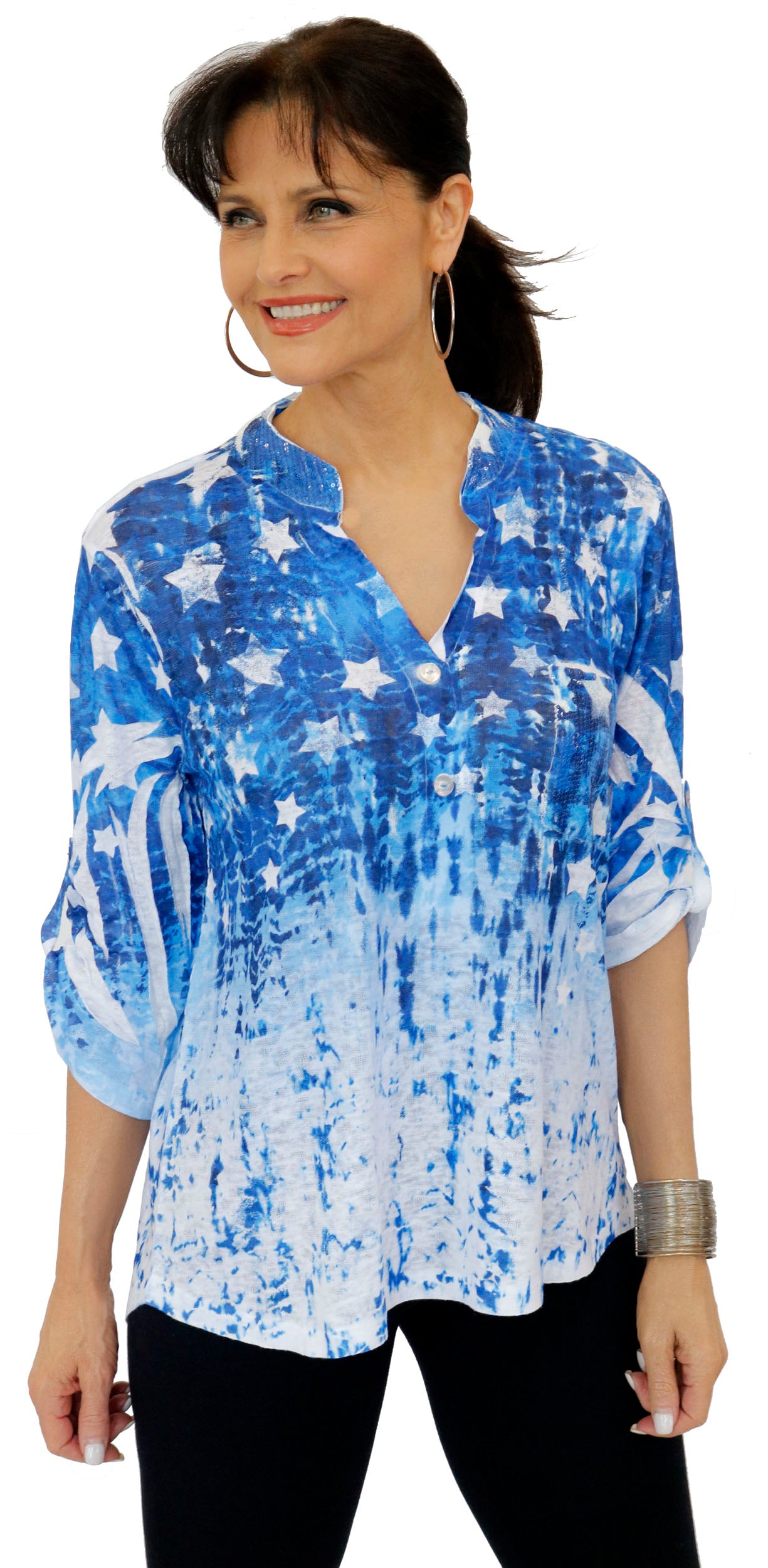 Impulse California Women's Blue Stars Mandarin Collar Top