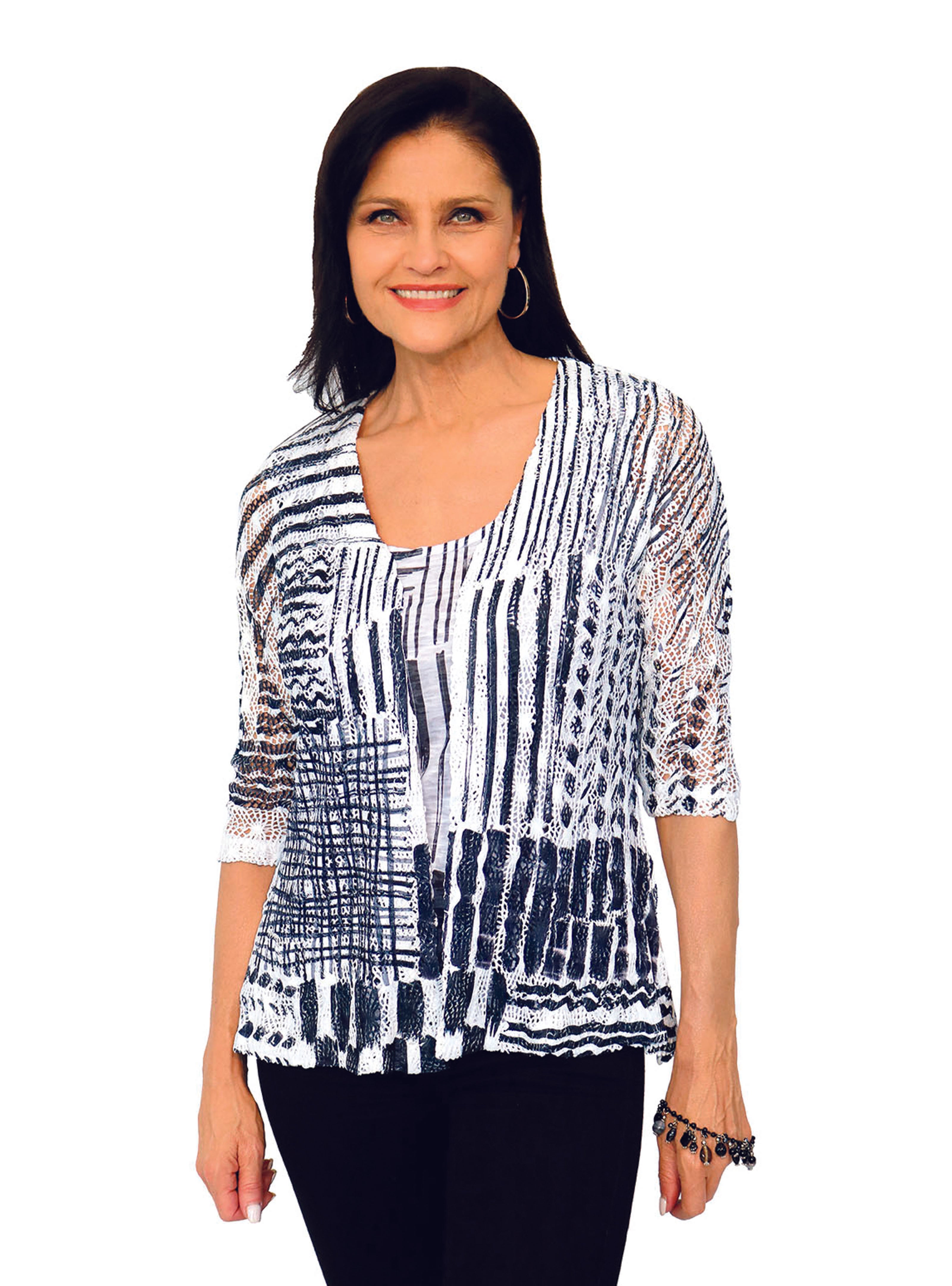 Impulse California Women's Cardigan Set with a geometric black and white design. Made in the USA.