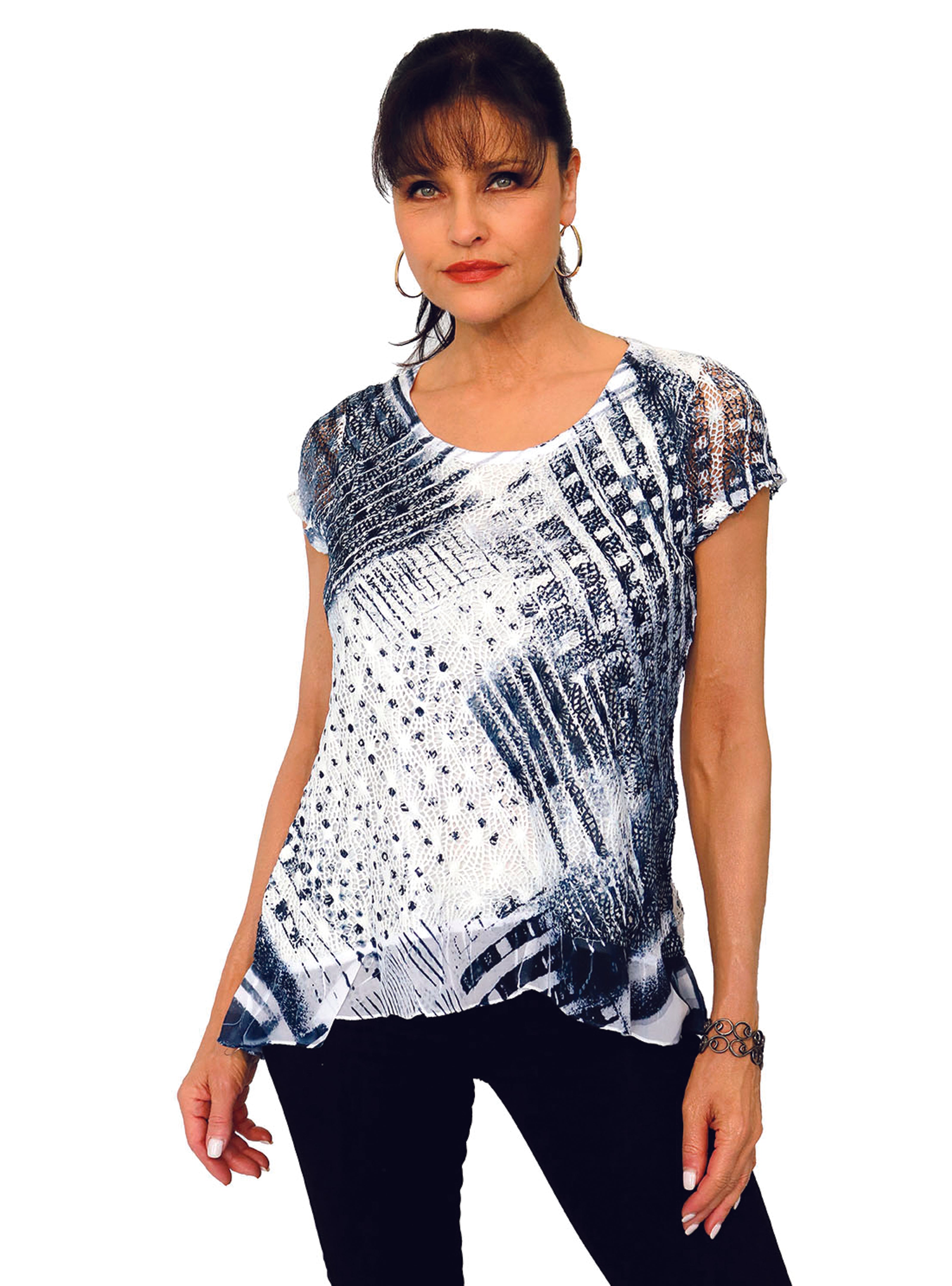 Impulse California women's short sleeve crochet top with front lining and high low chiffon hemline. Imprinted with a black gradient design.