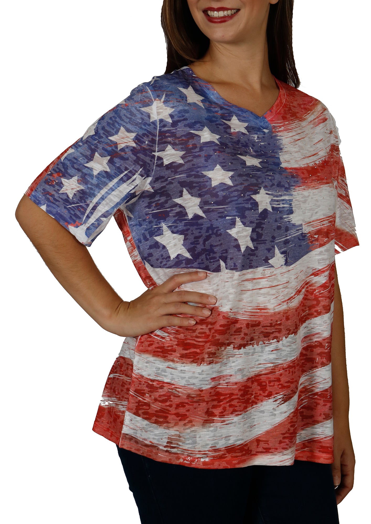 Impulse California Women's American Flag Printed V-Neck
