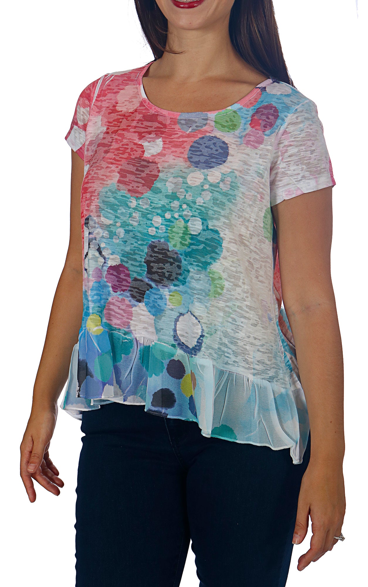 Women's Short Sleeve Burnout Top with Chiffon Hem - Petite