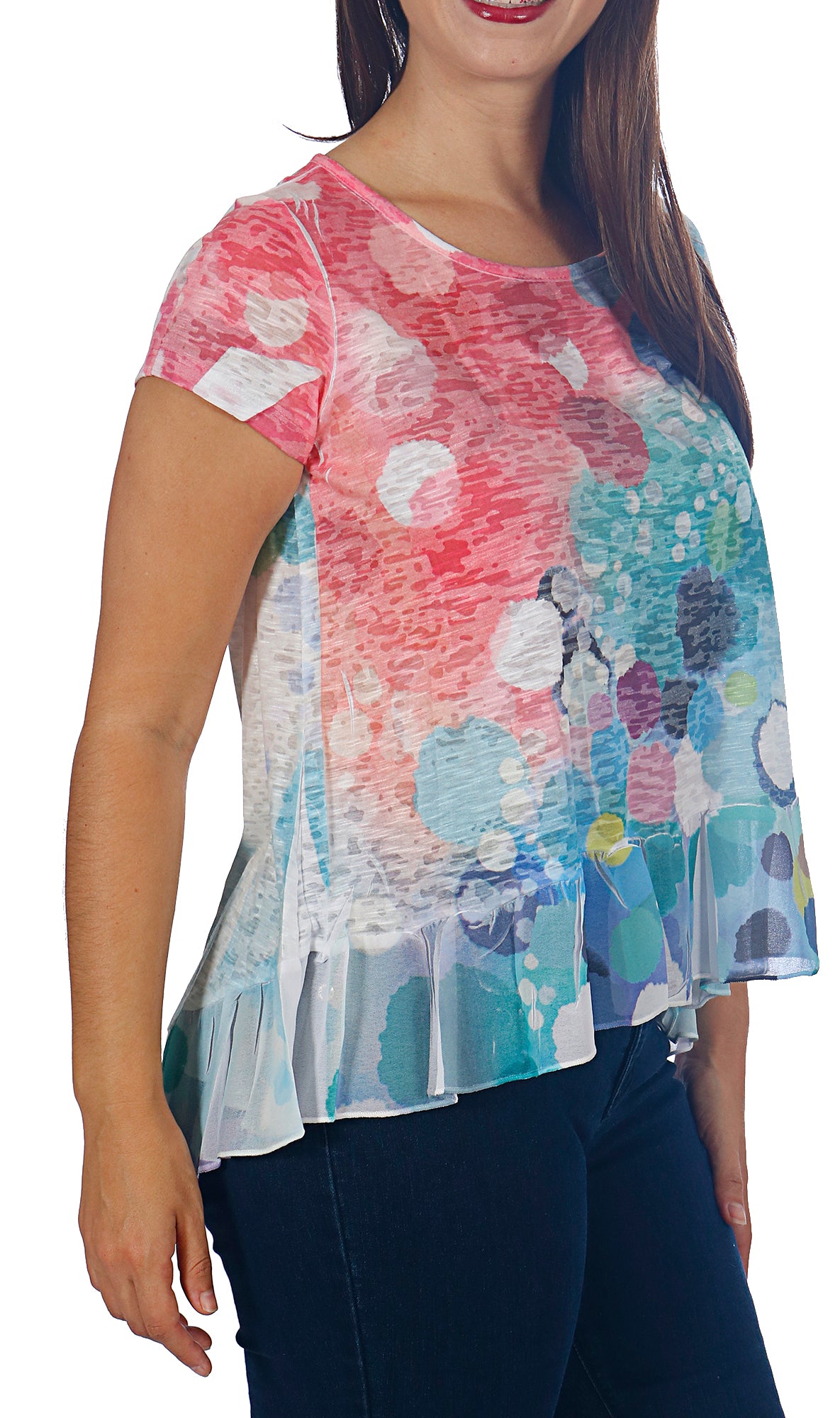 Women's Short Sleeve Burnout Top with Chiffon Hem - Petite