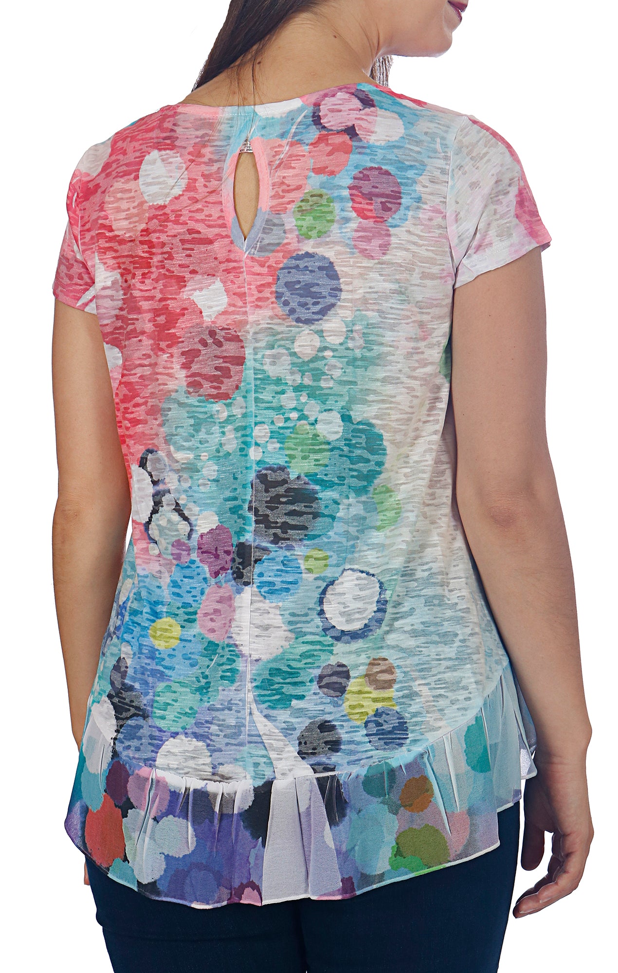 Women's Short Sleeve Burnout Top with Chiffon Hem - Petite