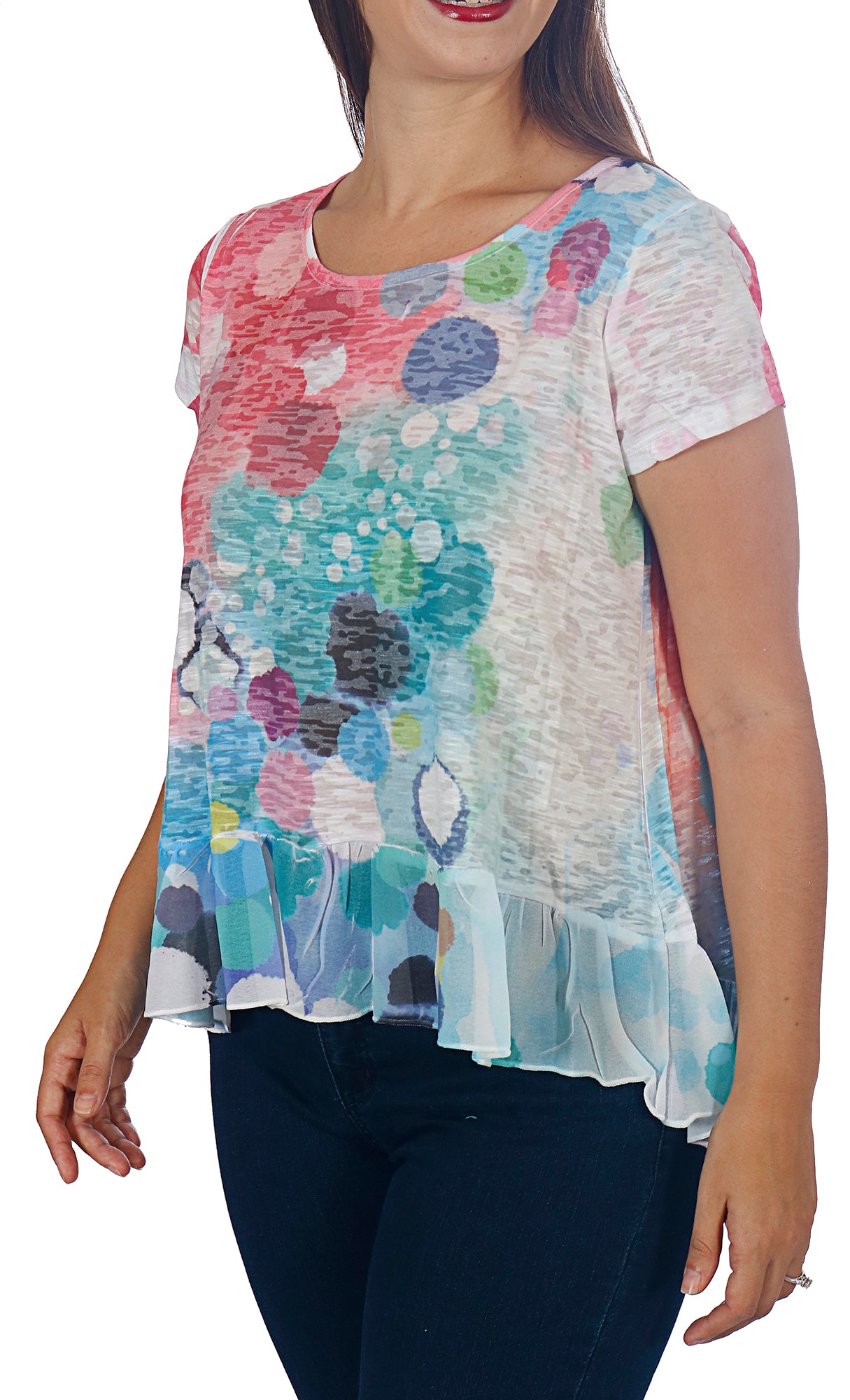 Women's Short Sleeve Burnout Top with Chiffon Hem - Petite