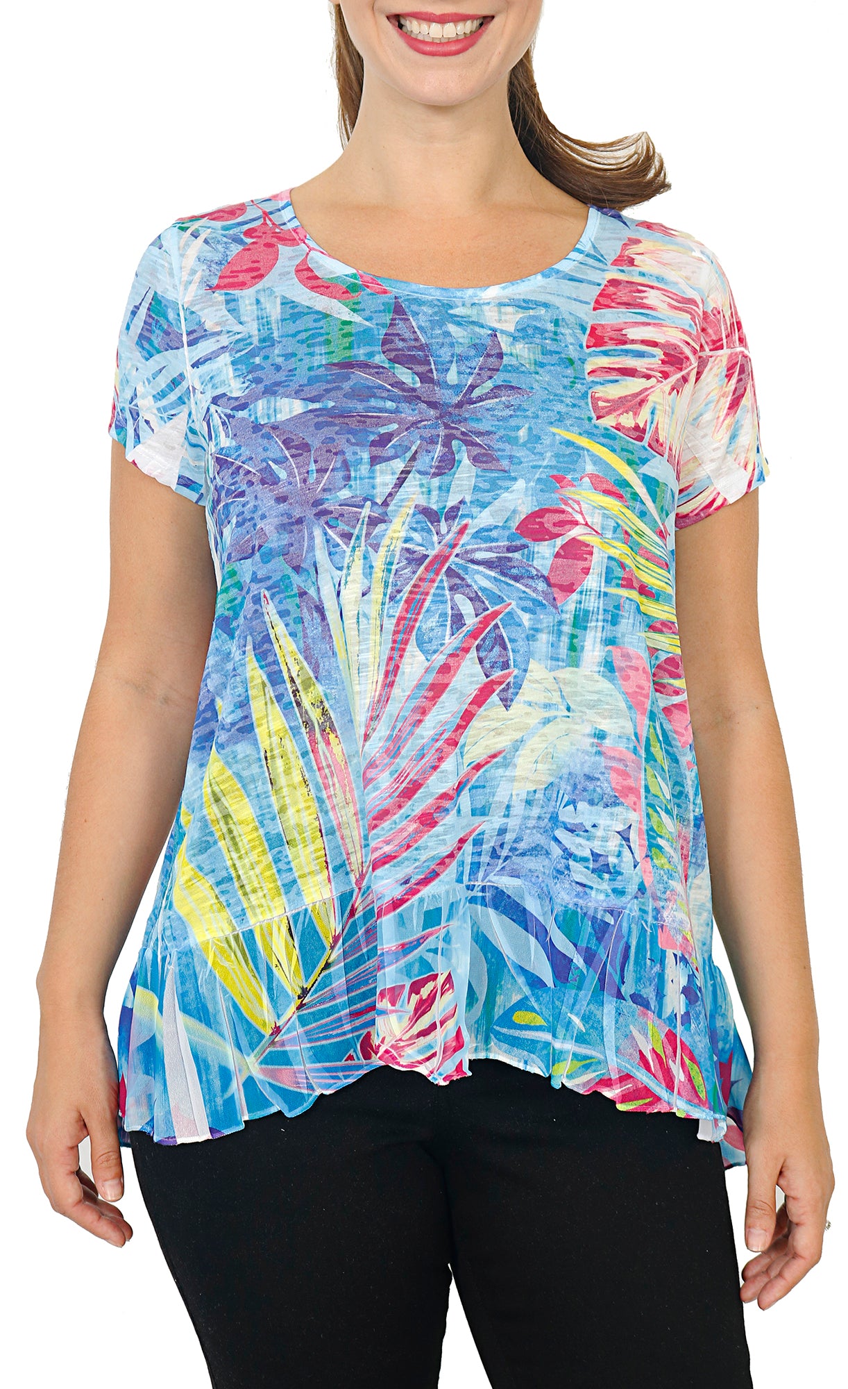 Women's Blue Tropical Short Sleeve Burnout Top