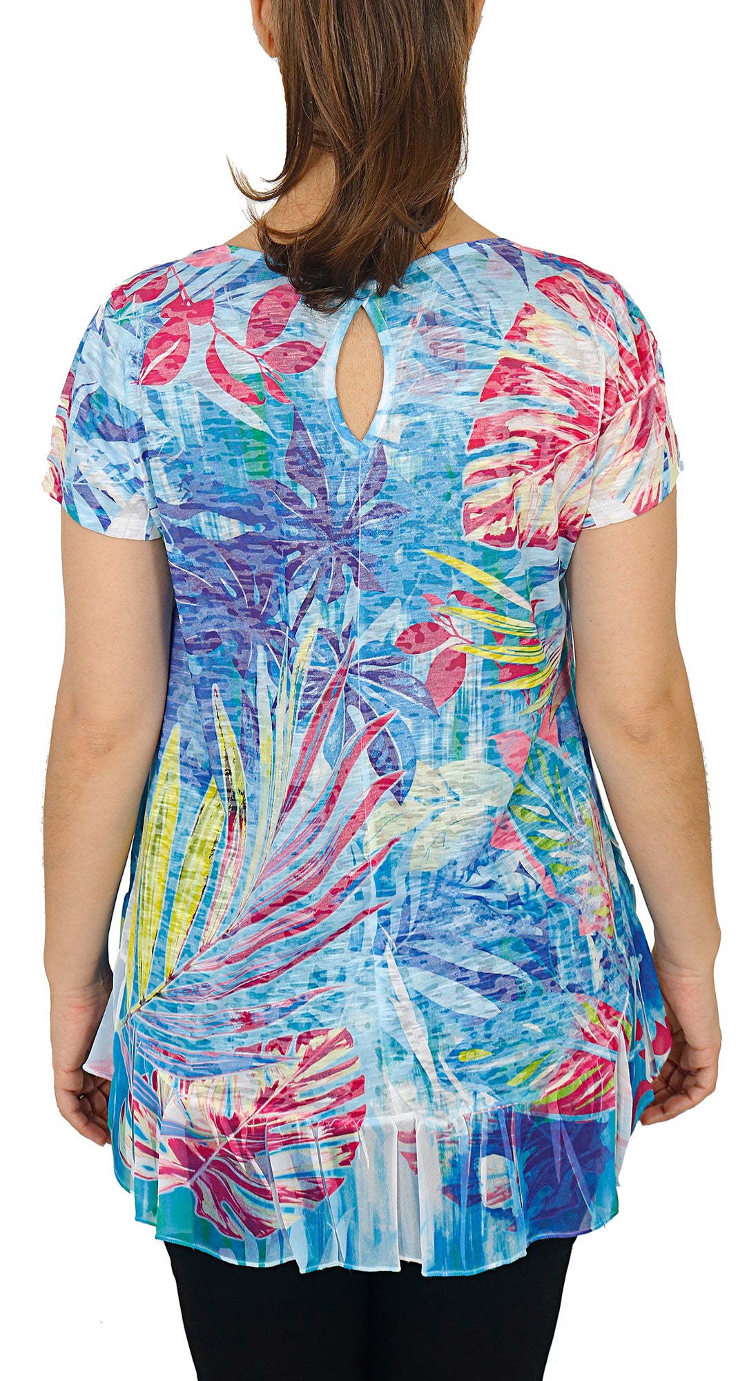 Women's Blue Tropical Short Sleeve Burnout Top