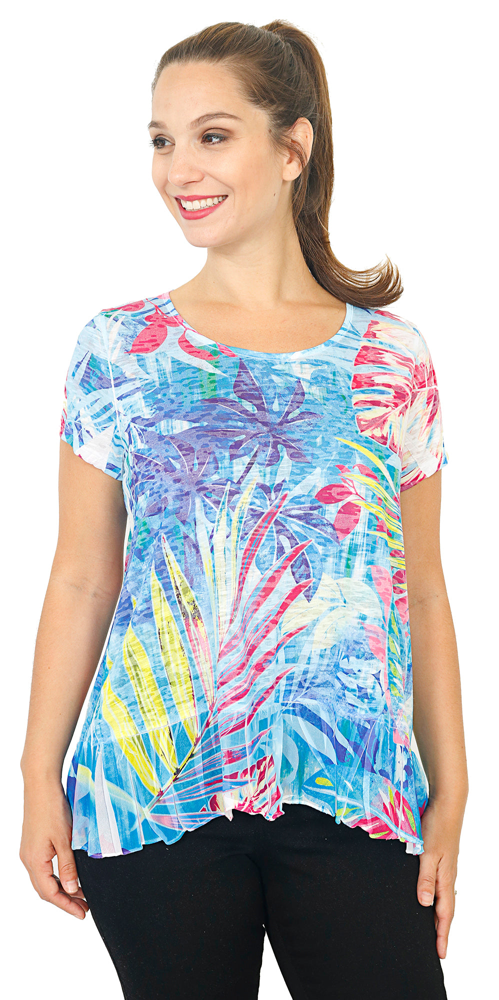 Women's Blue Tropical Short Sleeve Burnout Top