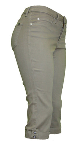A pair of slim fit capri pants with stone trim, featuring a mid-rise waist and a five-pocket design. The pants are colored tan and are displayed in a standing position.