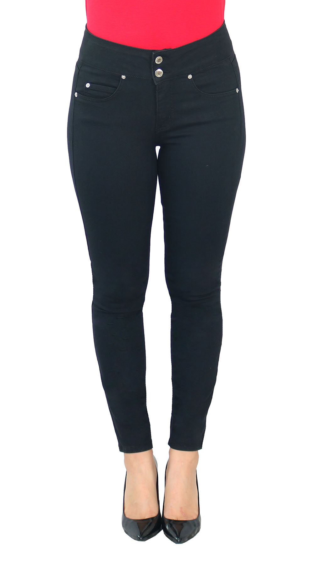 woman wearing two button jeggings with skinny leg and 5 pockets.