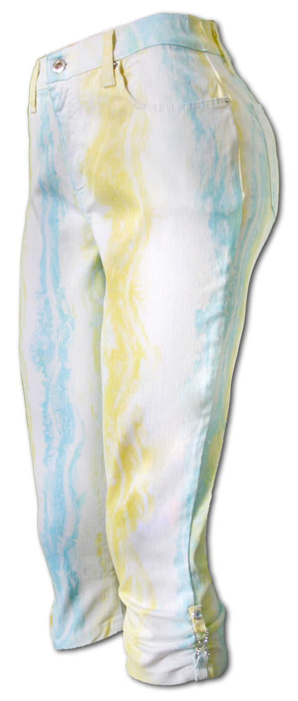 TrueSlim Marble-Yellow Capri with Rhinestone Detail