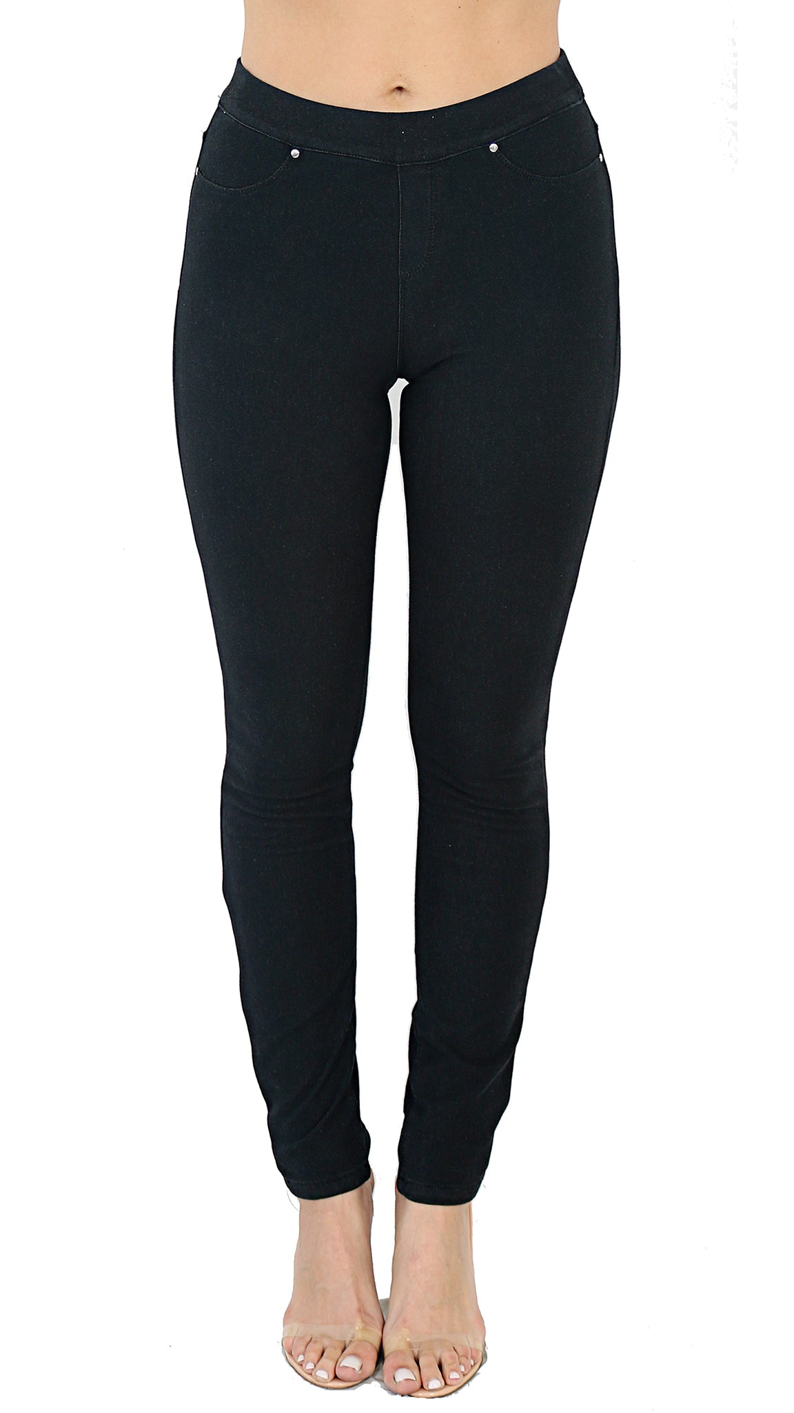 TrueSlim Jeans French Terry leggings in black with back pockets and narrow waist band. Front View