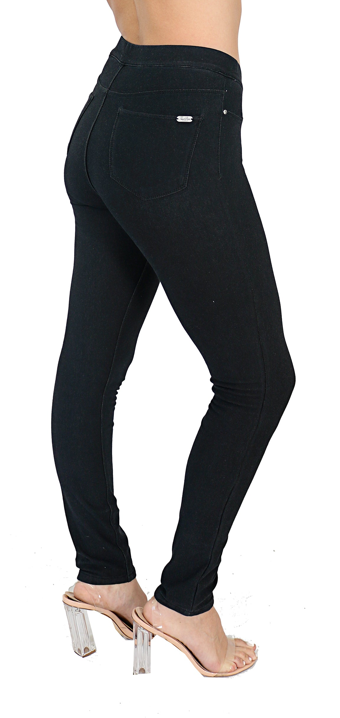 TrueSlim Jeans French Terry Pull on black leggings for women with back pockets - Side View
