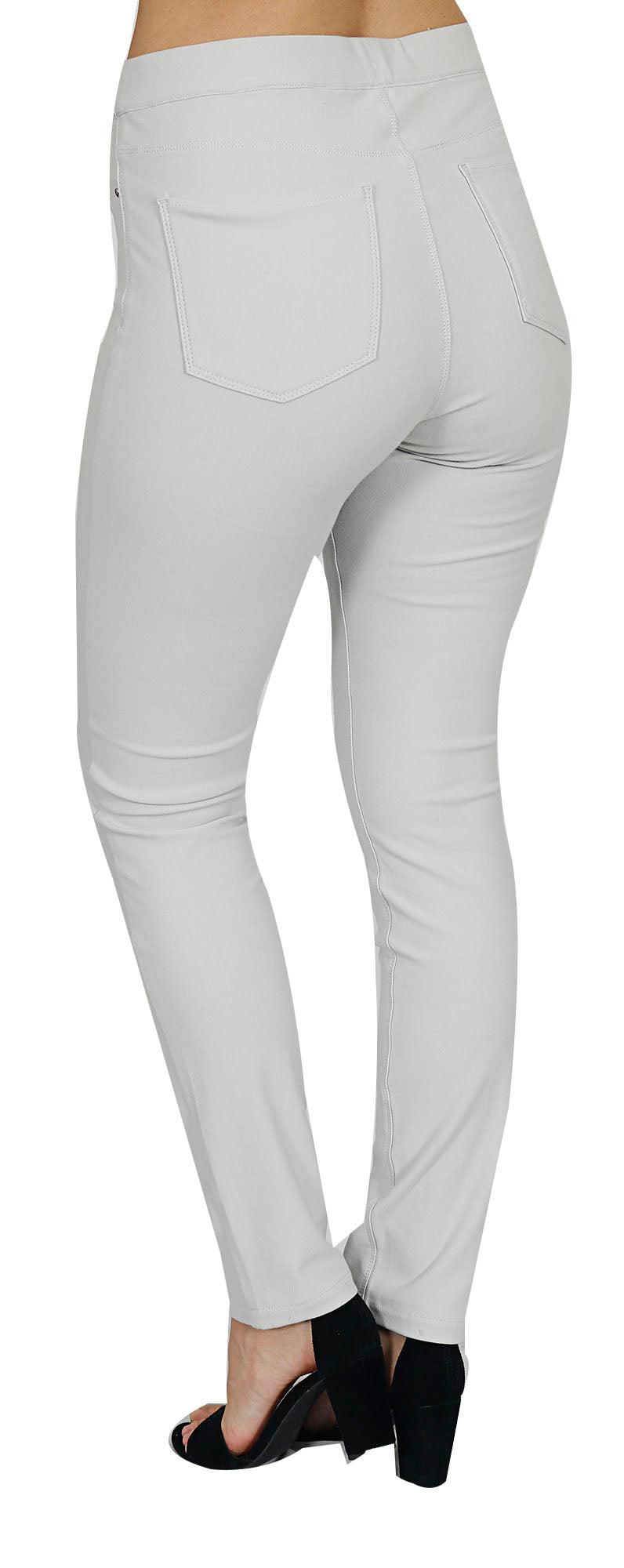 Silver Pull on jeggings by TrueSlim Jeans with fake pockets and narrow waist band - back & side view