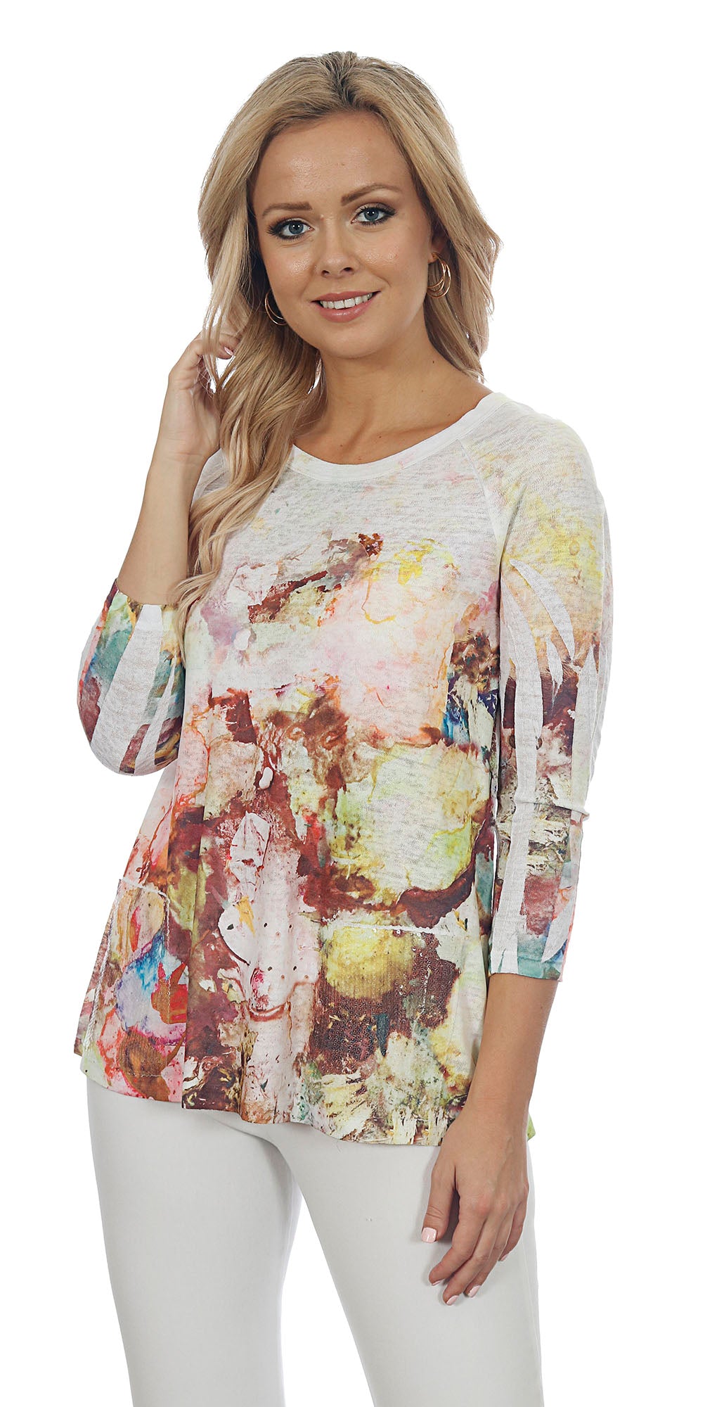 Women's Raglan Sleeve Watercolor Abstract Tunic with Patch Pocket