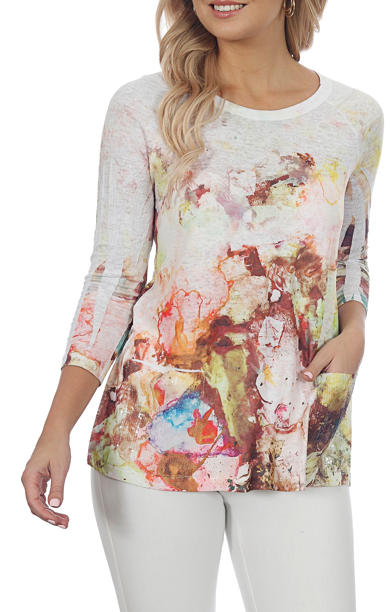 Women's Raglan Sleeve Watercolor Abstract Tunic with Patch Pocket