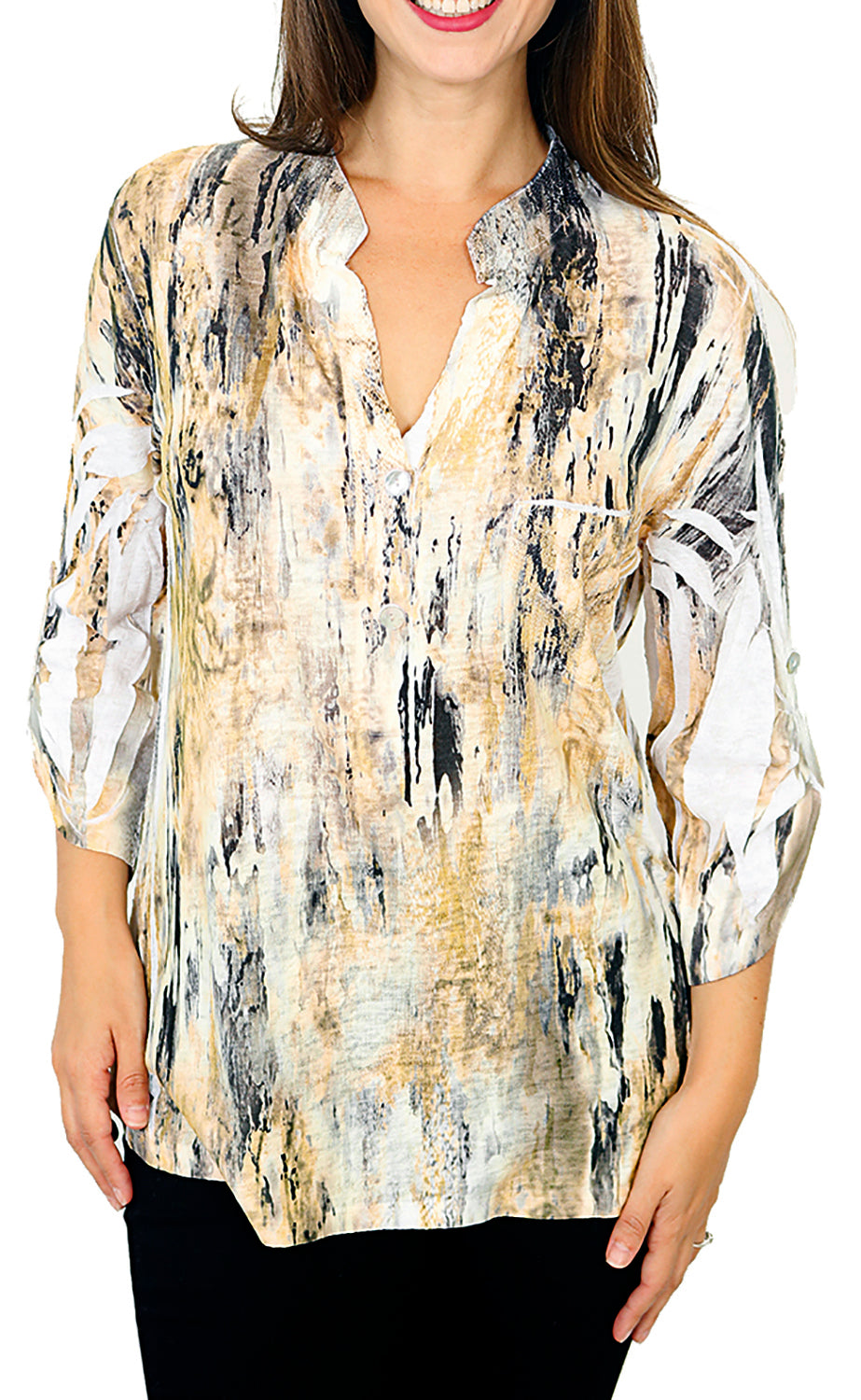 Impulse California Women's Tan Mandarin Collar Print Top