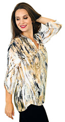 Impulse California Women's Tan Mandarin Collar Print Top