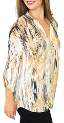Impulse California Women's Tan Mandarin Collar Print Top