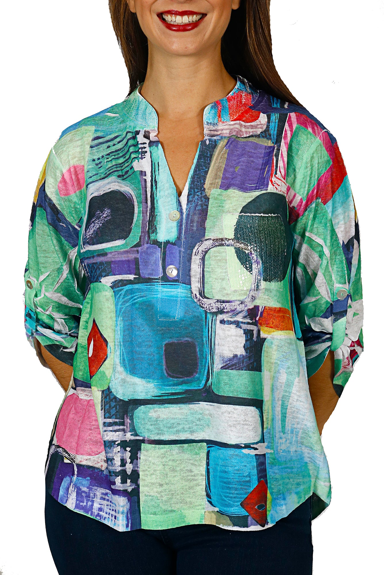 Impulse California Women's Green Pop Mandarin Collar Top