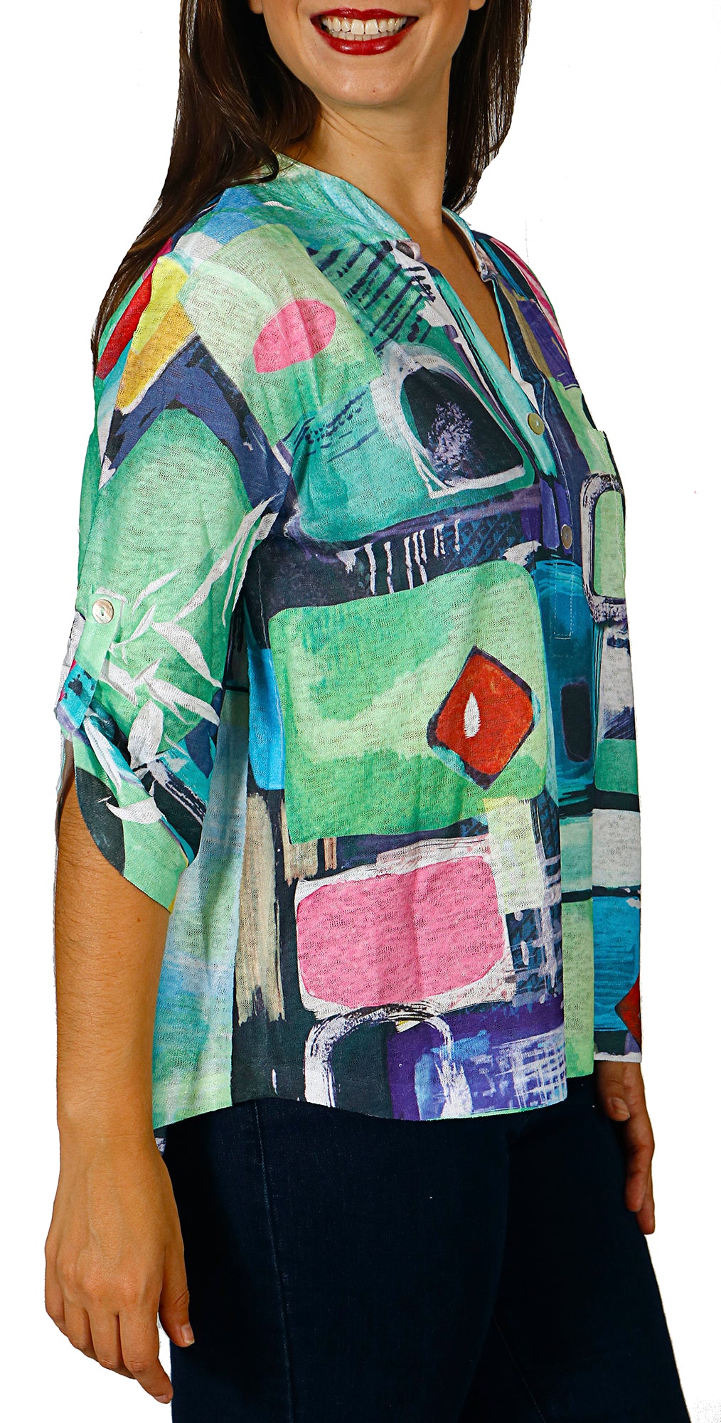 Impulse California Women's Green Pop Mandarin Collar Top