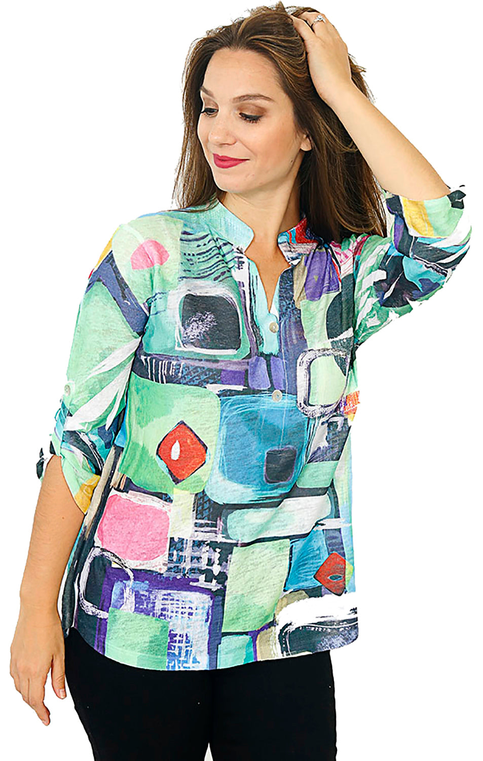 Impulse California Women's mandarin collar top imprinted with a green abstract design with a touch of blue, pink and purple colors as well.