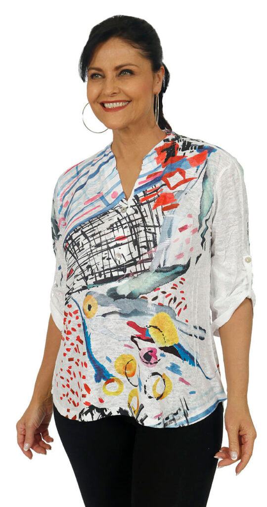 Impulse California Women's Mellow Yellow Mandarin Collar Print Top