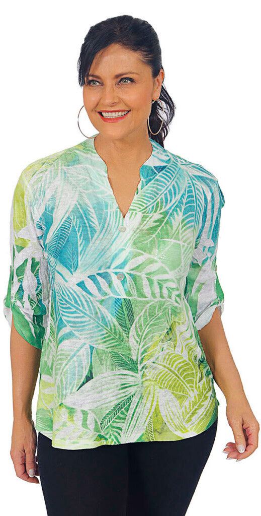 Impulse California Women's Layered Leaves Mandarin Collar Print Top