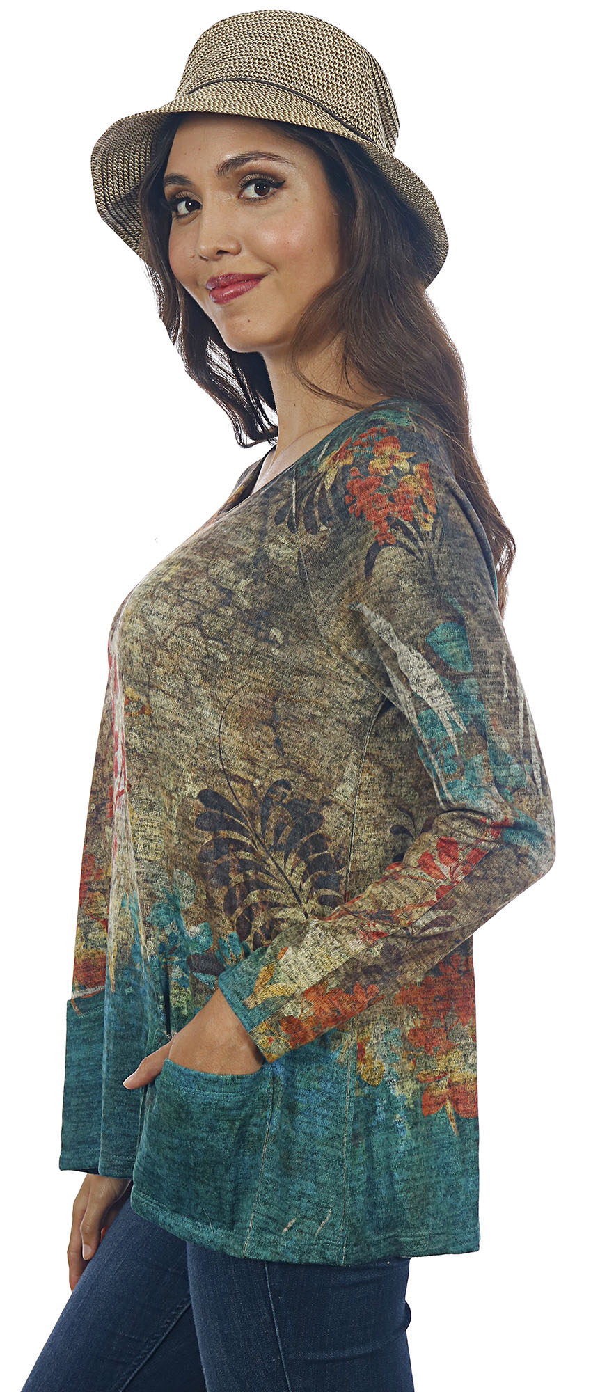 Impulse California Women's Fall Floral Patch Pocket Sweater