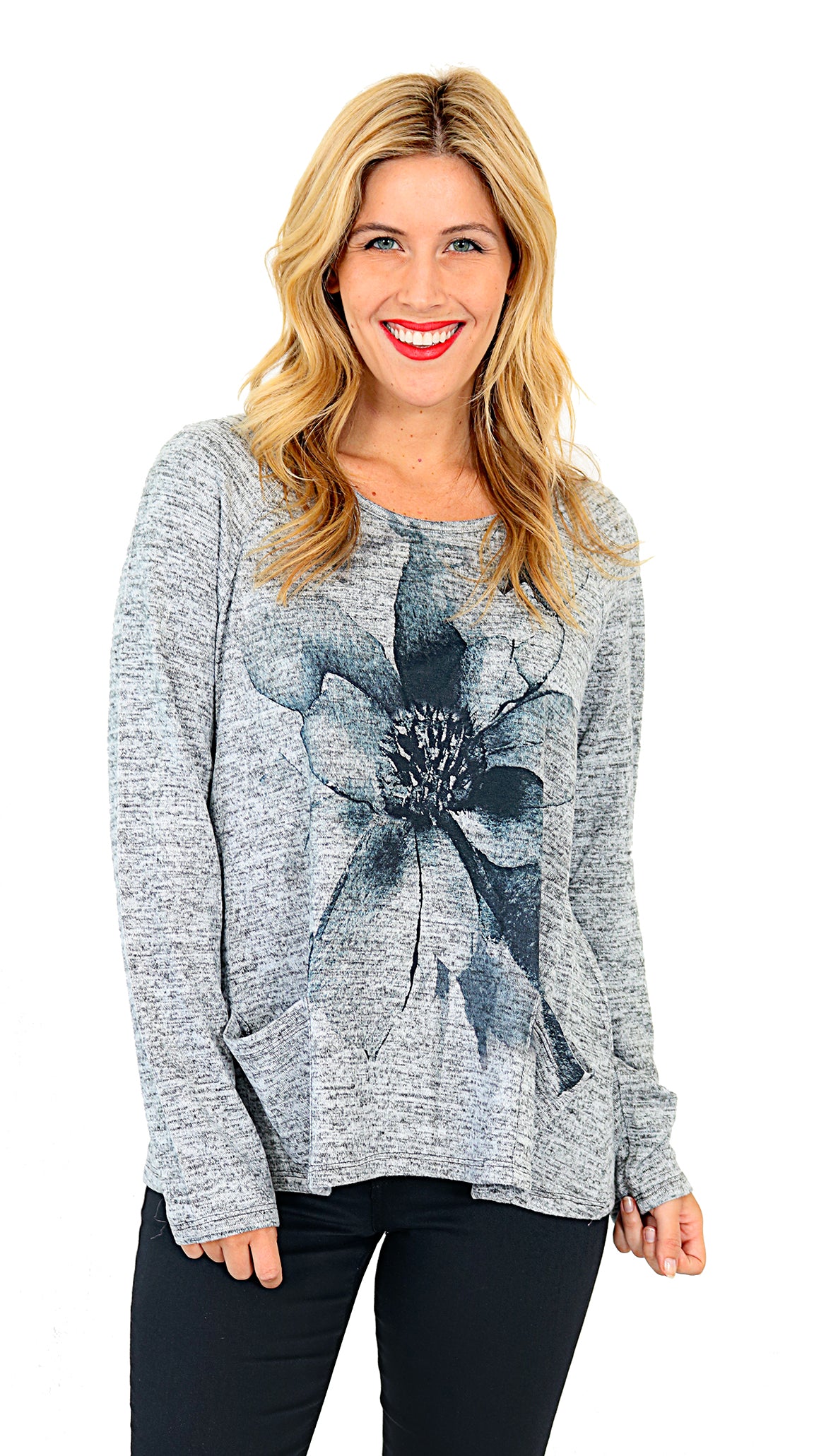 Impulse California Women's Blue Flower Patch Pocket Sweater