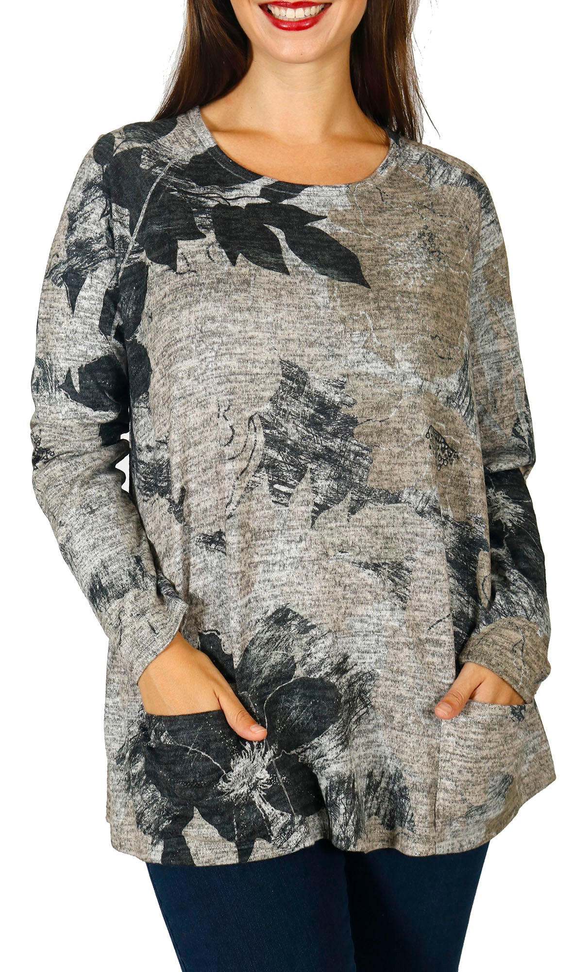 Impulse California Women's Black Floral Patch Pocket Sweater