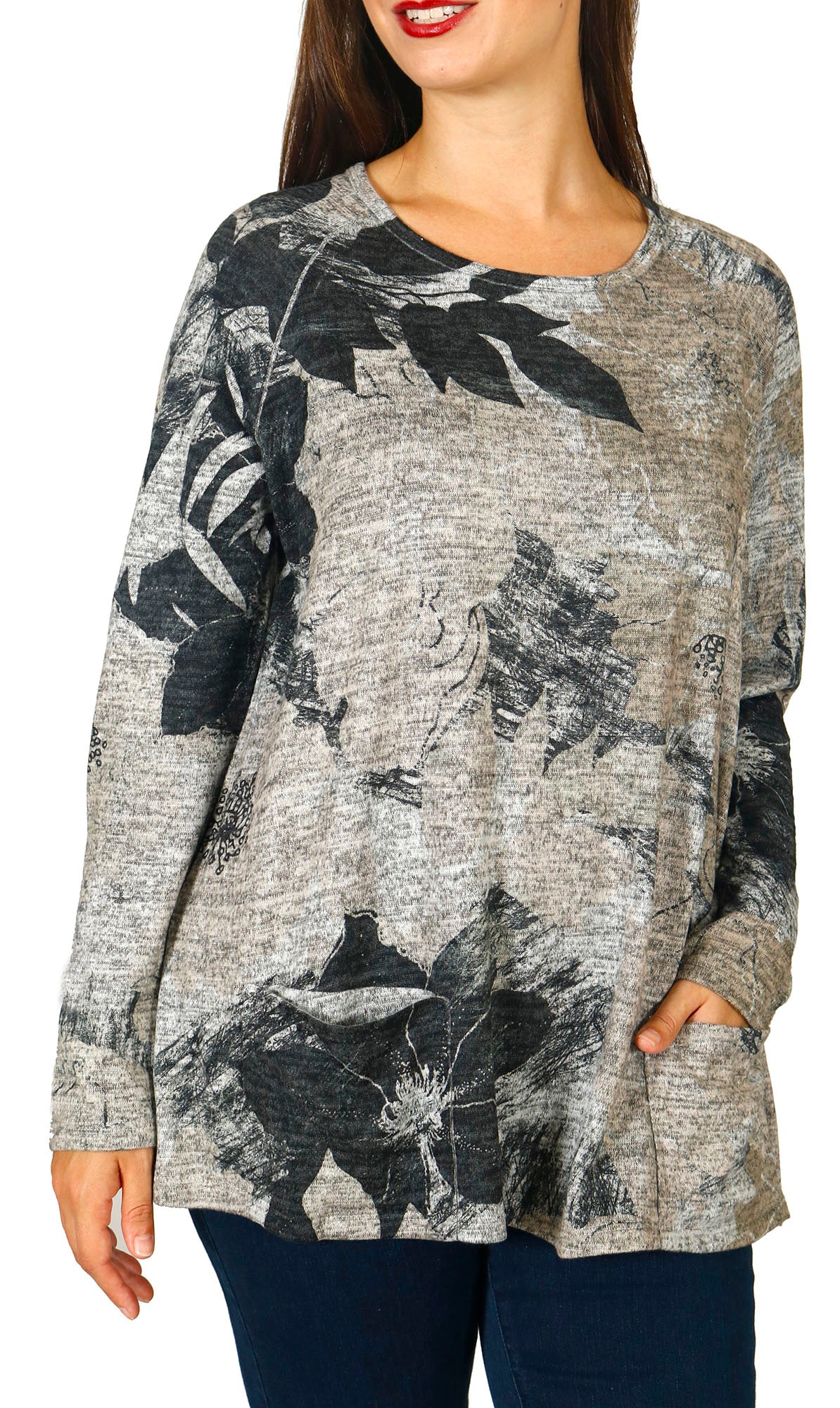 Impulse California Women's Black Floral Patch Pocket Sweater