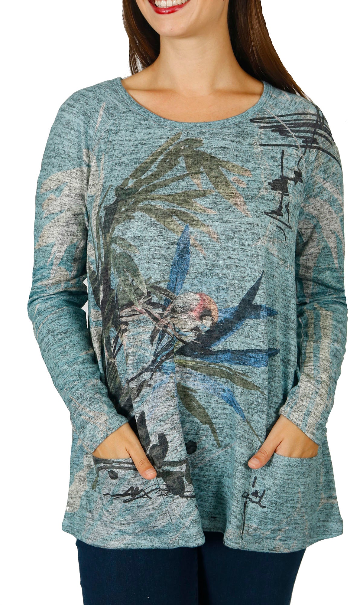 Impulse California Women's Bird Watercolor Patch Pocket Sweater