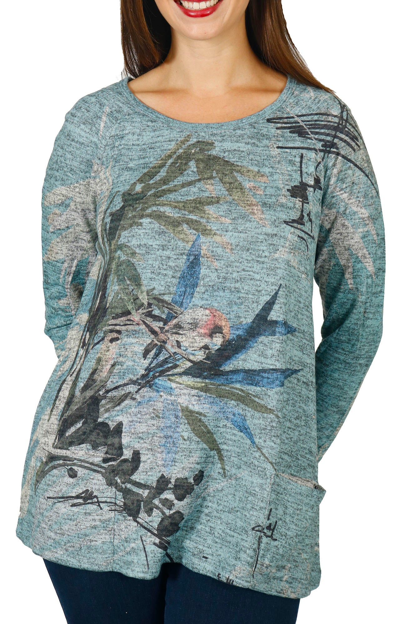 Impulse California Women's Bird Watercolor Patch Pocket Sweater