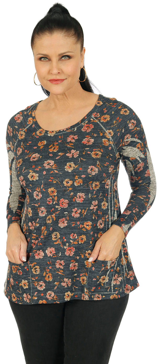 Impulse California Women's Dainty Flowers Patch Pocket Sweater