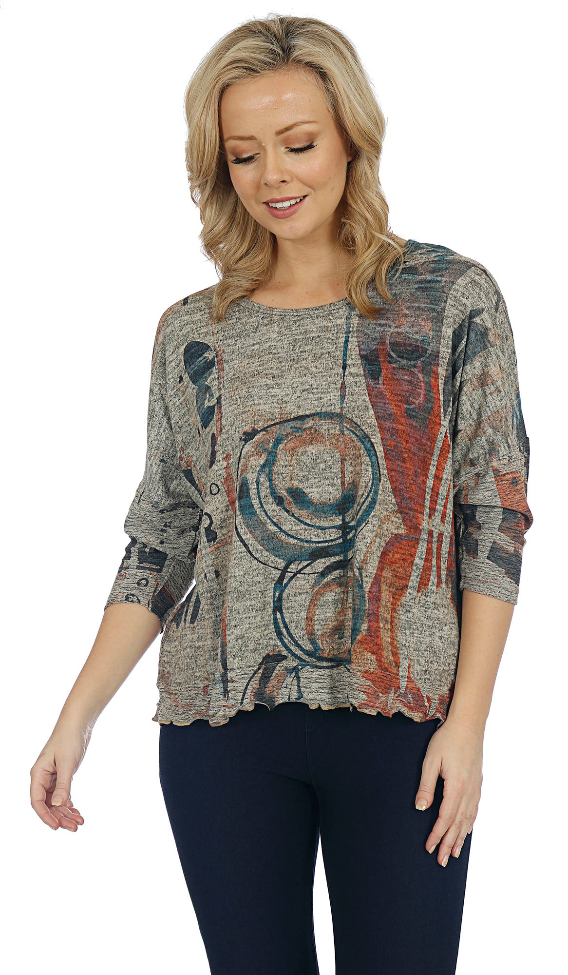 Impulse California Women's Geo Printed Lettuce Trim Blouse