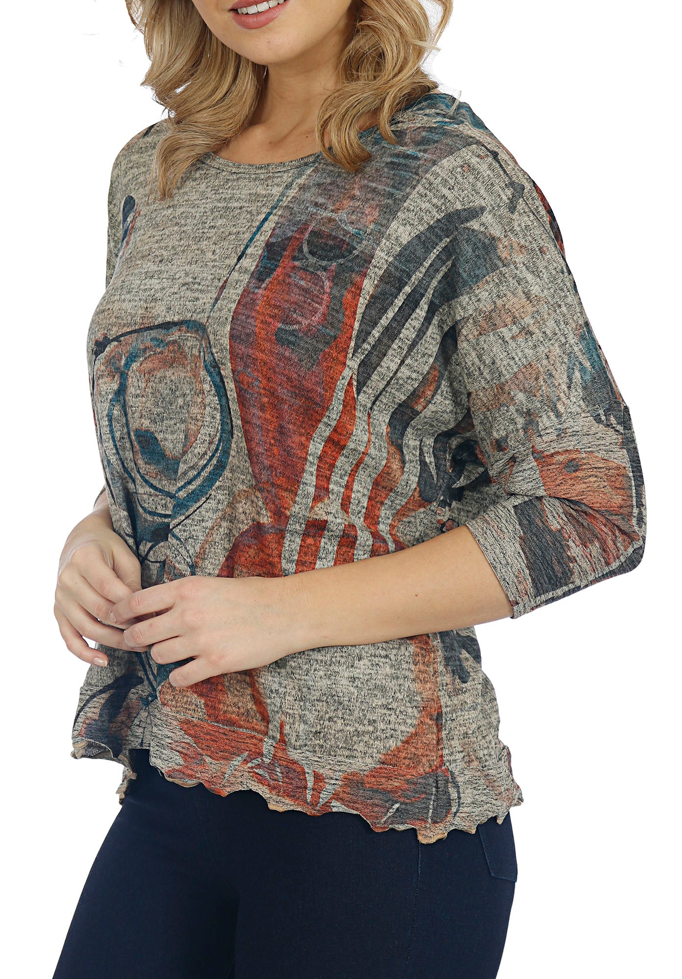 Impulse California Women's Geo Printed Lettuce Trim Blouse