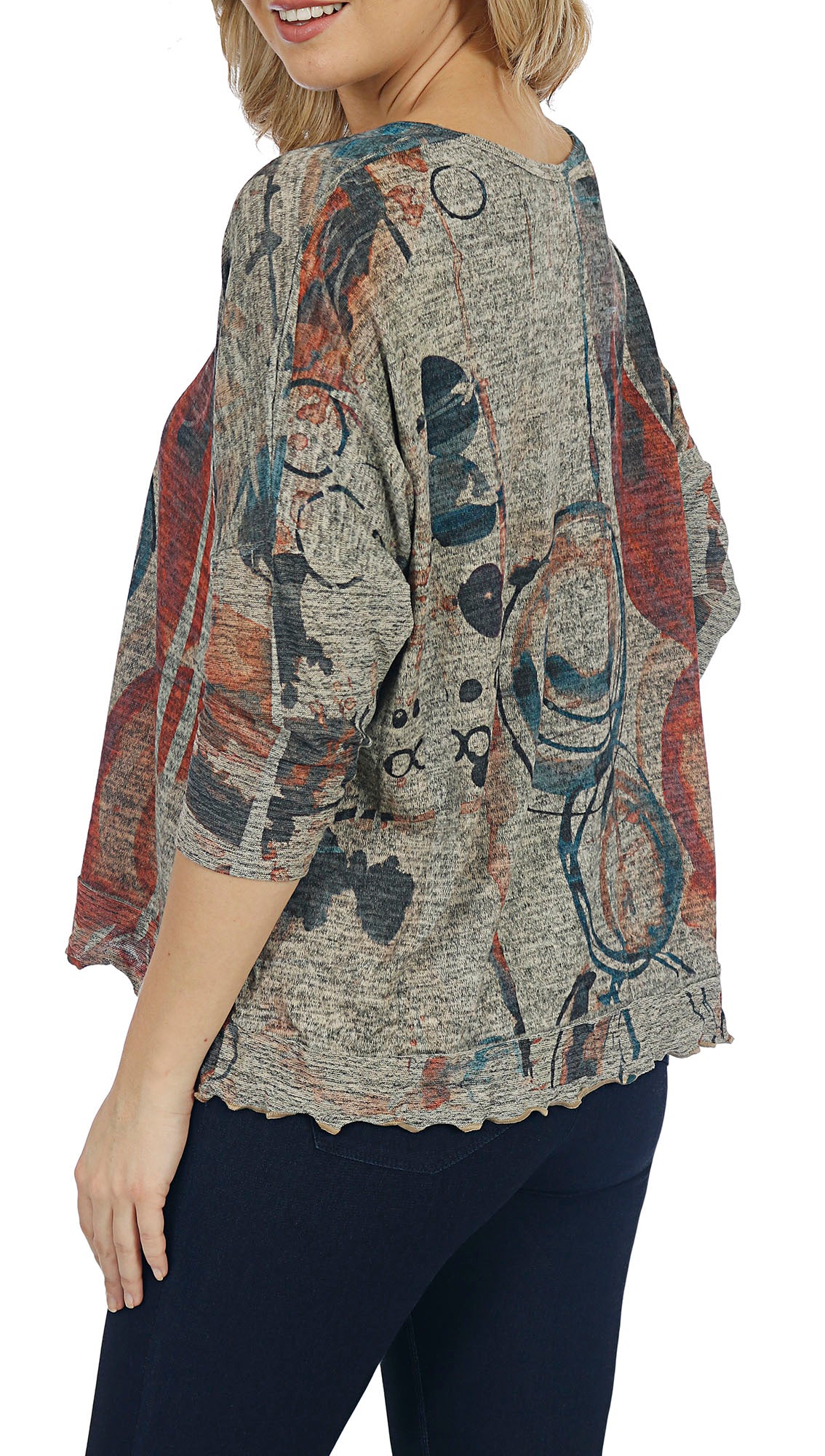 Impulse California Women's Geo Printed Lettuce Trim Blouse