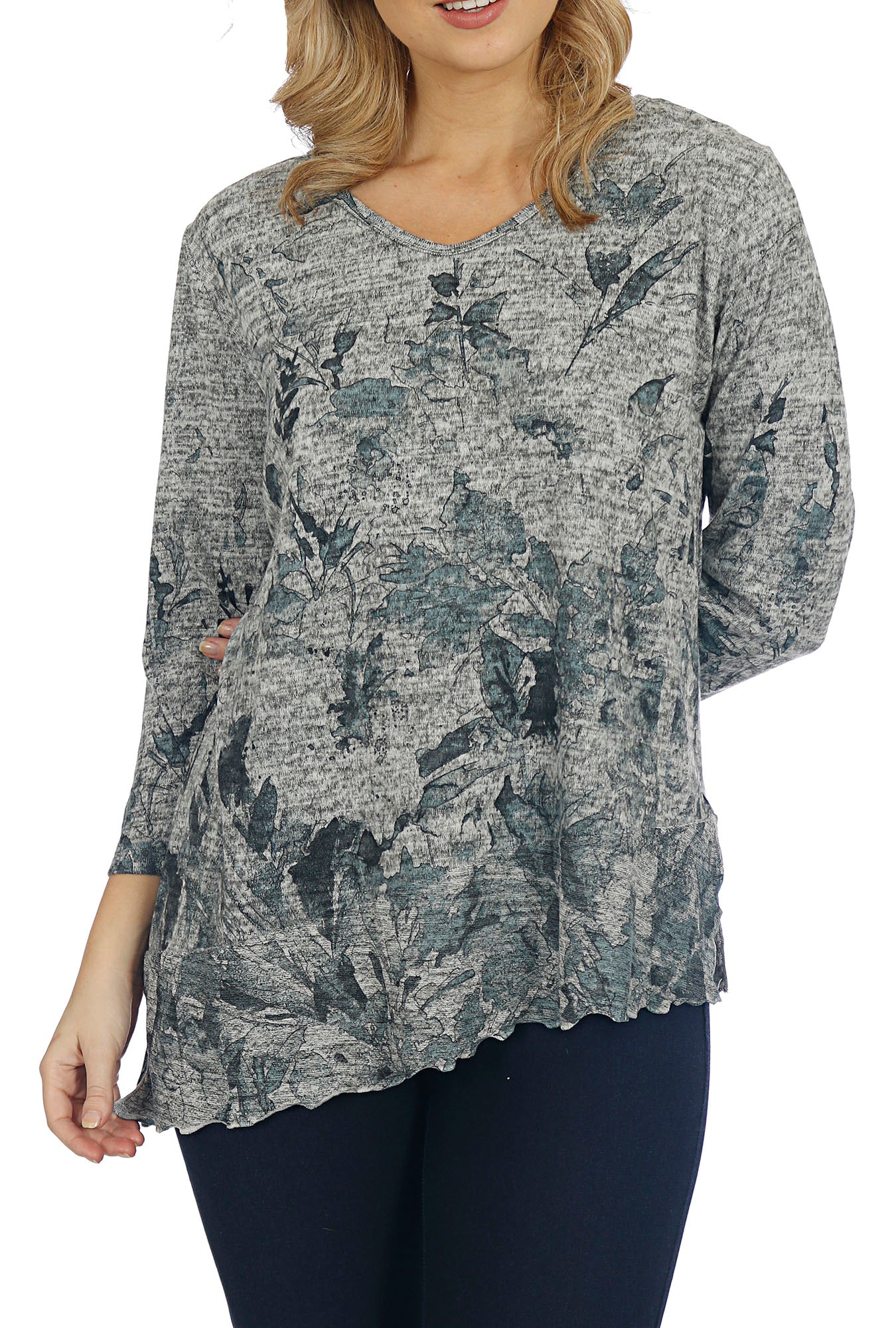 Impulse California Women's Blue Floral Lettuce Trim Tunic