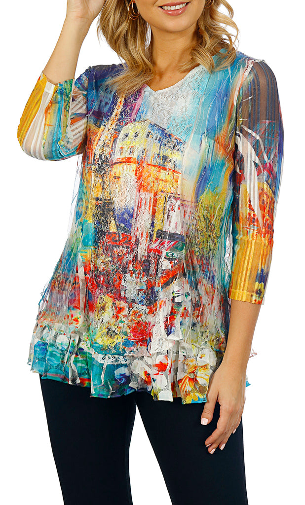 Impulse California Mixed Media Top with Lace Overlay