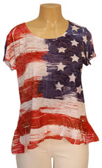 Impulse California Burnout Chiffon Blouse with short sleeves and American flag print design. High low hemline.