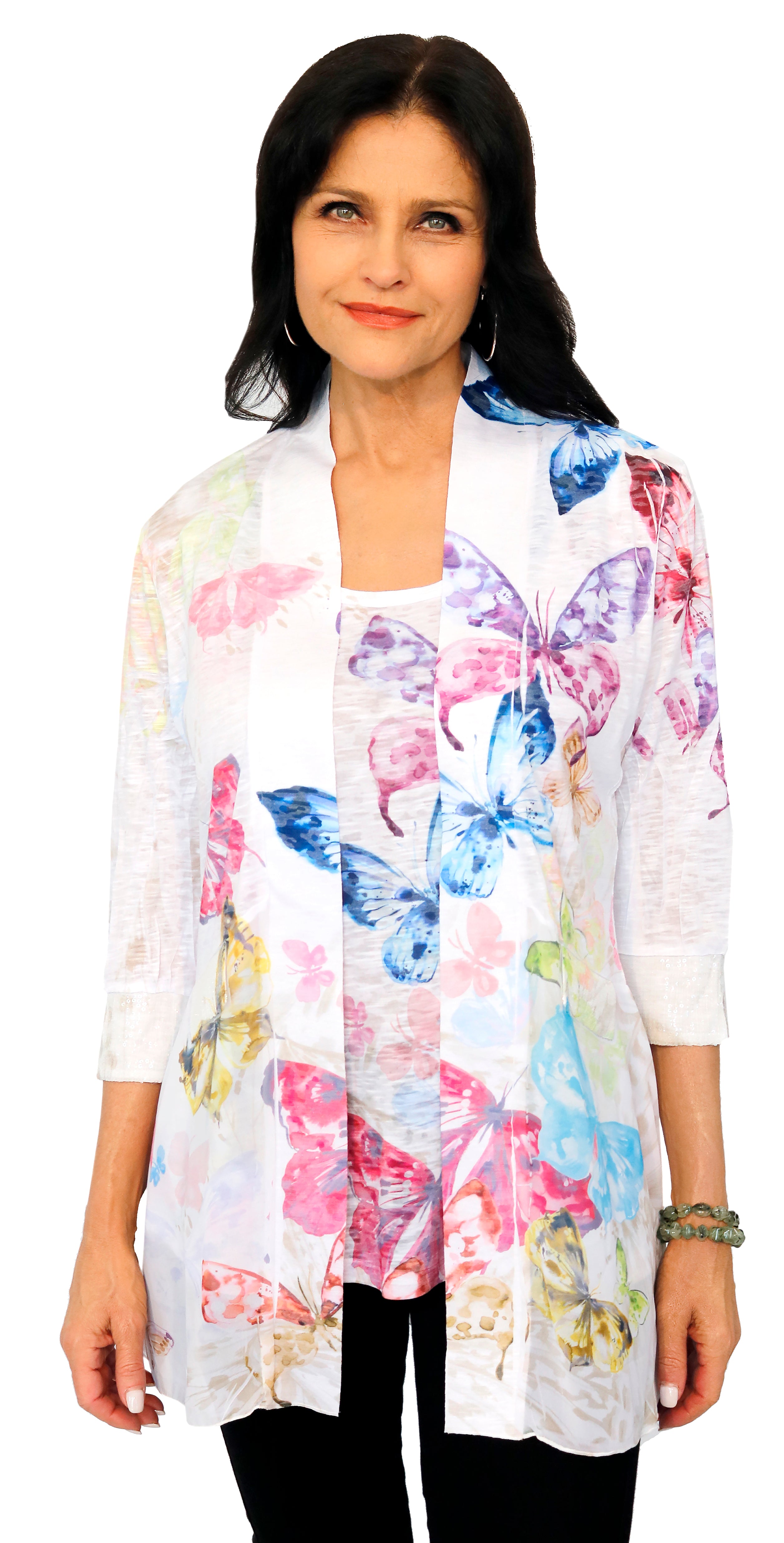 Impulse California Women's 2 piece set. 3/4 sleeve cardigan with sequin detail on the cuffs and chiffon hem band printed with a colorful pastel butterfly design and matching tank top. Made in the USA.