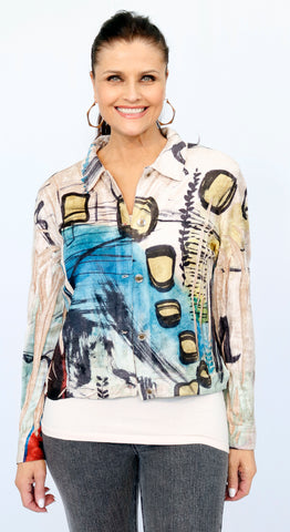 Impulse California Women's lightweight chenille jacket with unique abstract print. Made in America. 