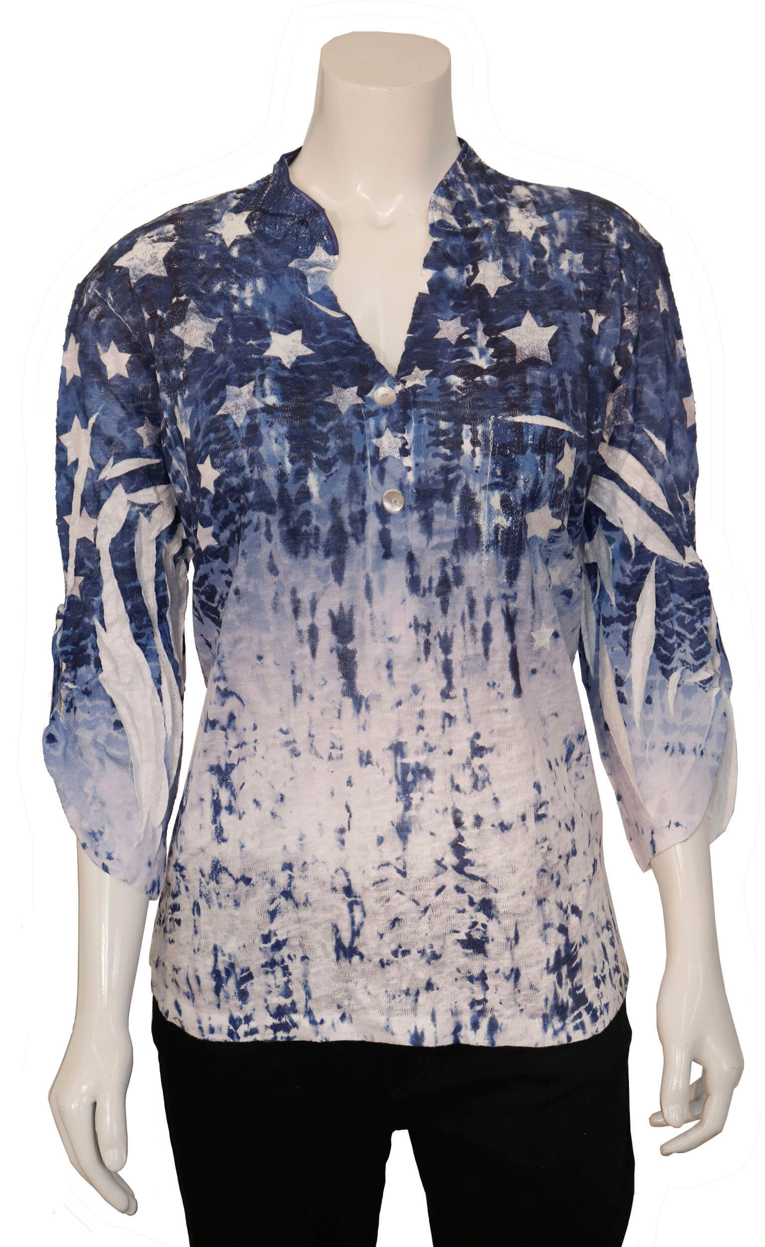 Impulse California Mandarin Collar Top for women with 3/4 sleeves and a stars and stripes design