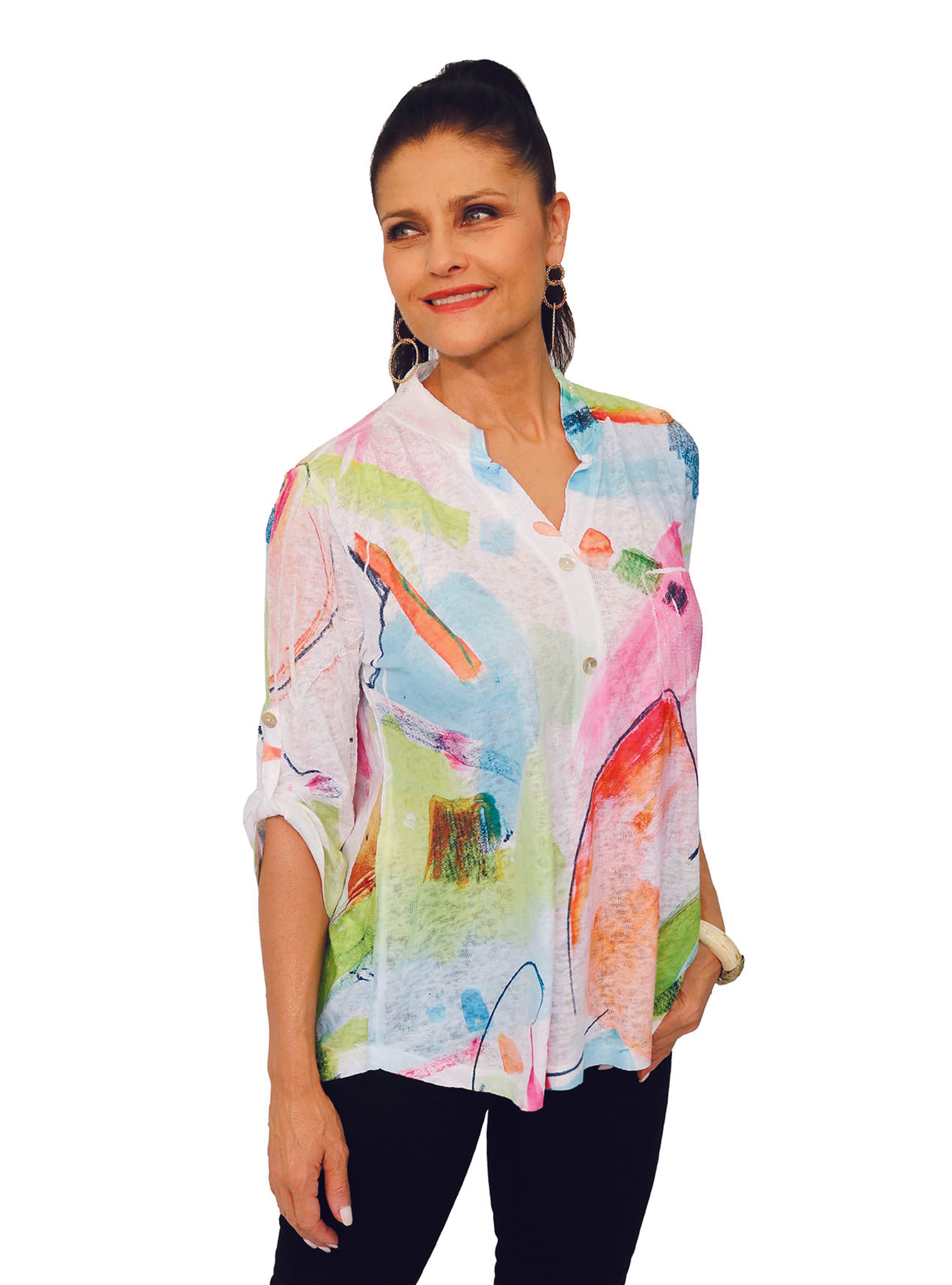 Impulse California women's mandarin collar top with pastel abstract design in pinks, blues, orange, and green. 