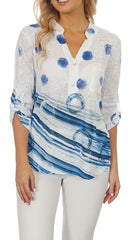 Impulse California Women's Blue  Mandarin Collar Print Top