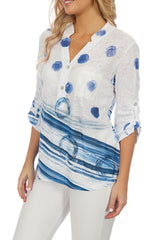 Impulse California Women's Blue  Mandarin Collar Print Top