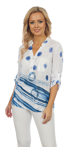 Impulse California Women's Blue  Mandarin Collar Print Top