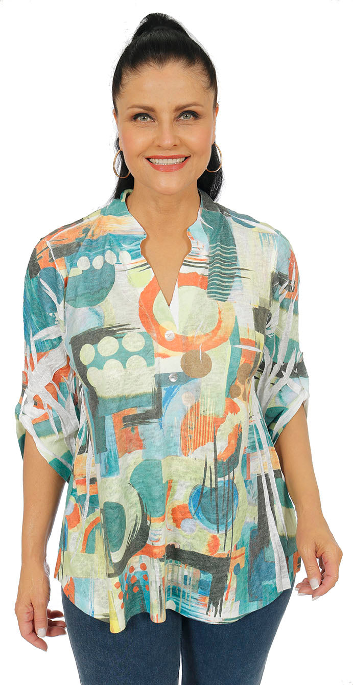 Impulse California Women's Colorful Geo Mandarin Collar Print Top